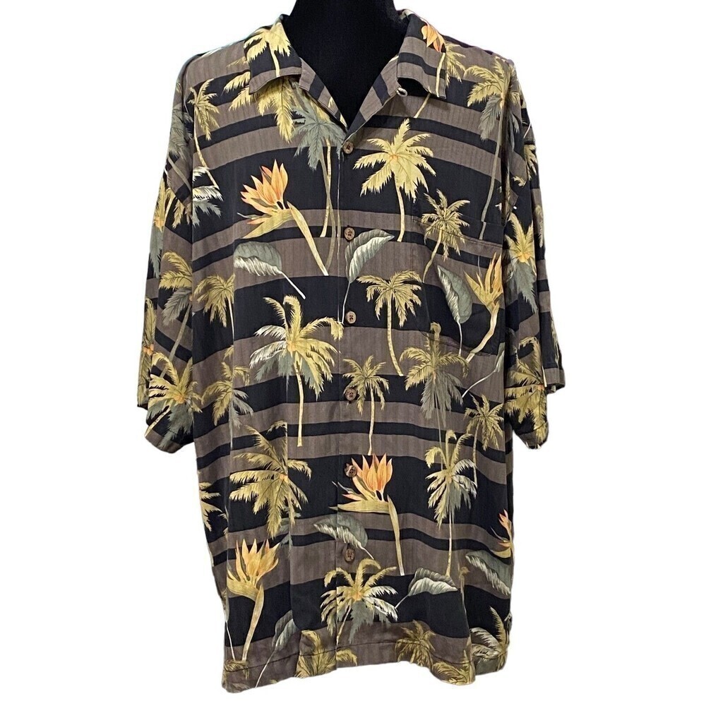 Tommy Bahama Silk Hawaiian Shirt Large Palm Tree Bird of Paradise Aloha Tropical